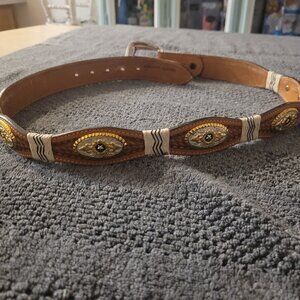 Grants Leather Women's Size 36 Tan Belt with Silver Buckle/Silver & Gold Conchos